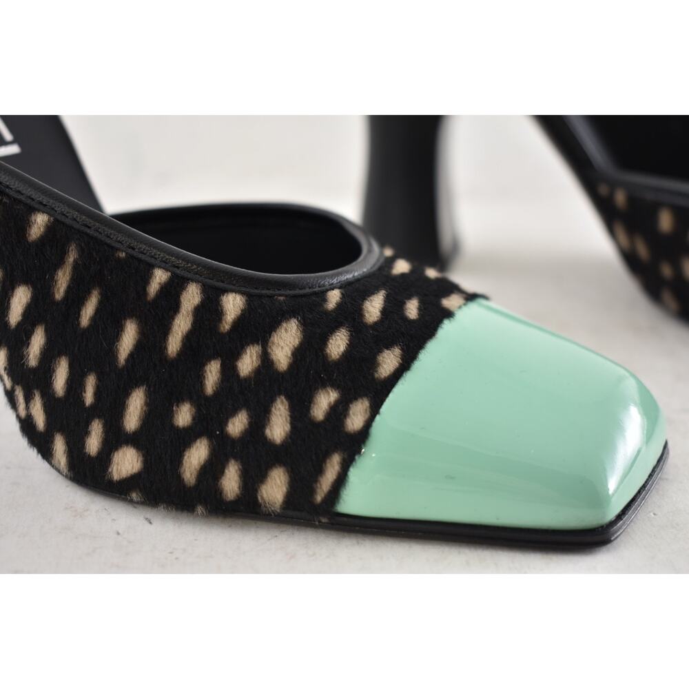 Chanel 26S Blazy Black White Pony Fur Green Square Toe Block Heel Pump Mule 38 - Picture 7 of 16